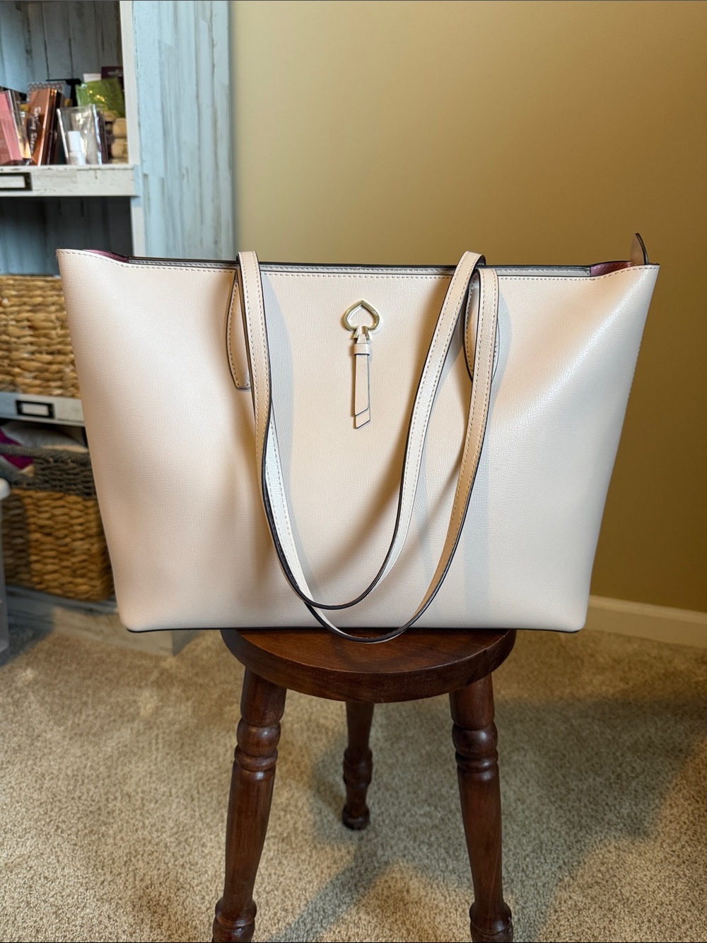 kate spade Blush Cream Tote with Heart Tassel Charm